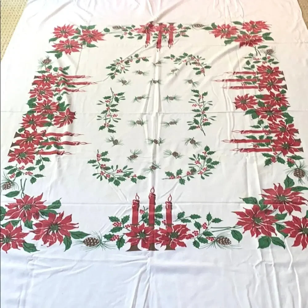 Vintage Christmas Tablecloth Printed Cotton 1960's Festive Red Green 58